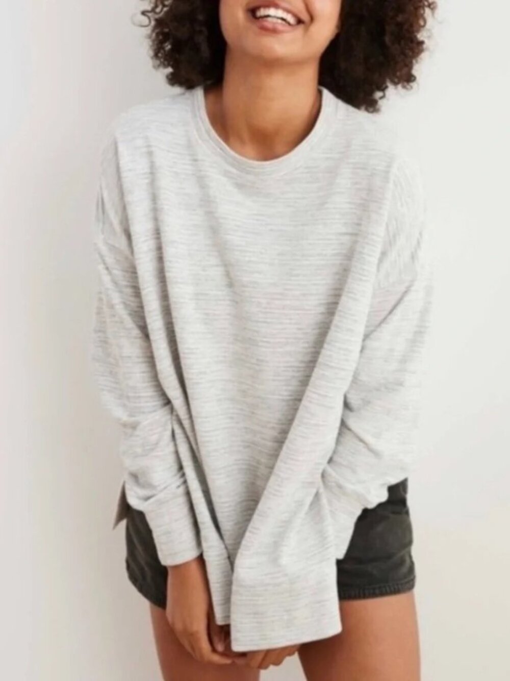 Aerie Summer Desert Tunic Sweatshirt Heathered Gray Side Slit Crewneck Pullover